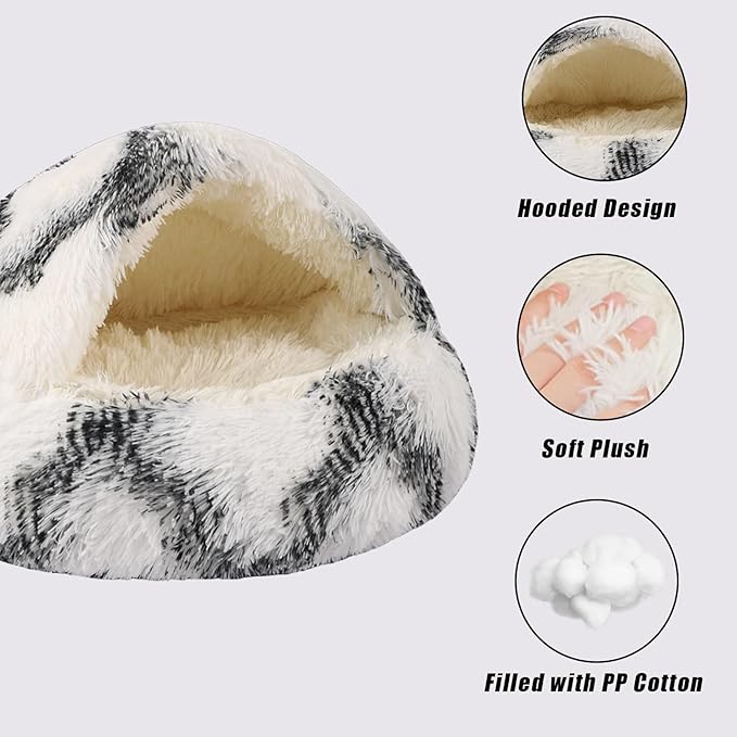 Round Hooded Cat Bed & Dog Bed with Cover Cave, Dog Bed for Small Dogs, Faux Fur Cuddler Round Coved Cat Bed Self Warming Donut Dog Bed Fits up to 12 lbs Pets (Grey White, 20inch x 20inch)
