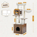 PEQULTI 57.5" Cat Tree with Litter Box Enclosure Large, Wood Cat Tower for Indoor Cats with Storage Cabinet and Cozy Cat Condo, Sisal Covered Scratching Post and Repalcable Dangling Balls, Brown