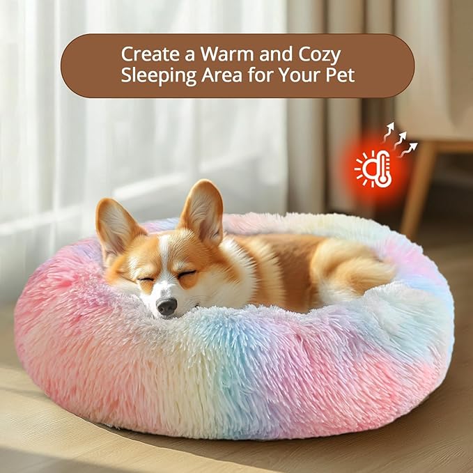 JOLLYVOGUE Calming Dog & Cat Bed for Small Dogs, Anti-Anxiety Donut Cuddler Cozy Soft Round Bed with Anti-Slip Bottom, Fluffy Faux Fur Plush Cushion Beds for Small Medium Dogs, 23"/Rainbow