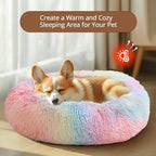 JOLLYVOGUE Small Dog & Cat Beds for Indoor Cats, Donut Cuddler Warming Soft Dog Beds with Anti-Slip Bottom, Round Calming Fluffy Plush Faux Fur Cushion Bed for Medium Dogs (27", Rainbow)
