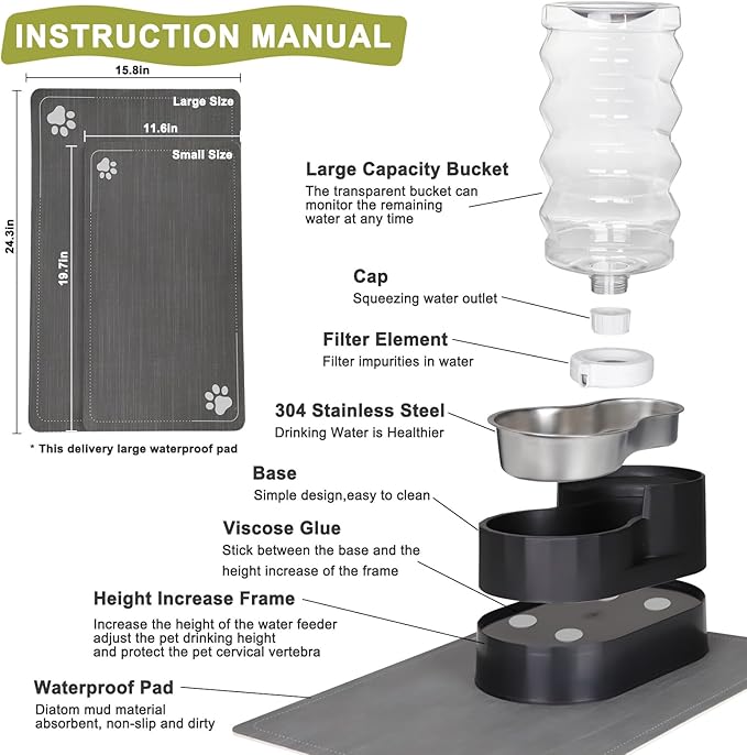 RIZZARI Upgraded Automatic Dog Water Dispenser: 9L Black Gravity Large Stainless Steel Raised Pet Feeder with Filter - Includes 2 Extra Filters & 2 Bottle Caps - Pet Feeder for Dogs Indoor Outdoor