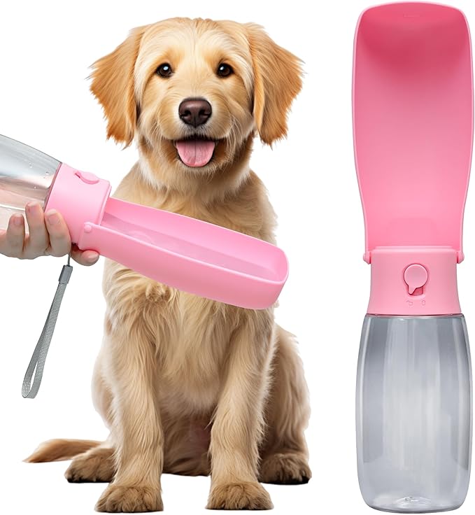 Dog Water Bottle, Leak Proof Portable Puppy Water Dispenser, Travel Puppy Water Bowl, Foldable Transparent Dog Water Bottle for Pets Outdoor Walking, Hiking, Travel, Food Grade Plastic - 19oz Pink
