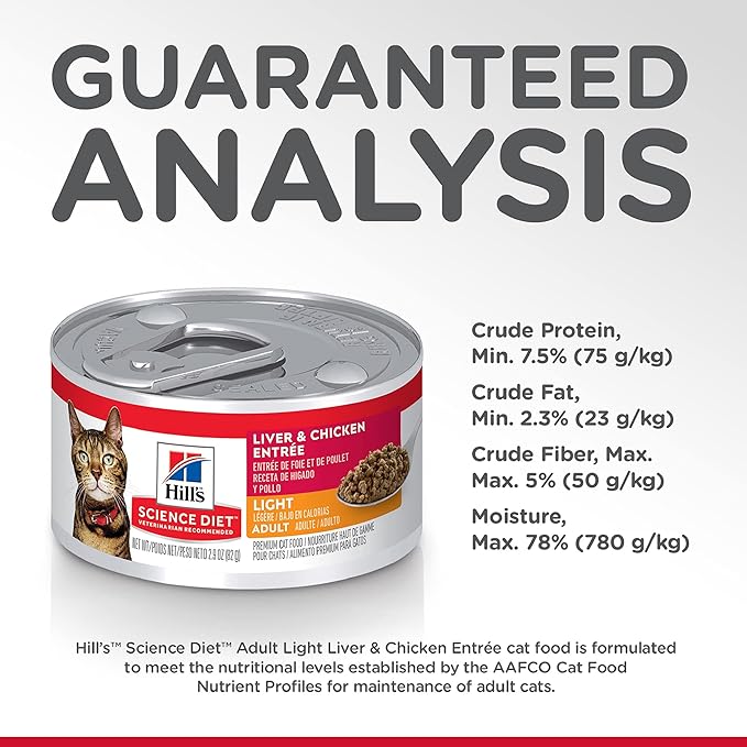 Hill's Science Diet Light, Adult 1-6, Weight Management Support, Wet Cat Food, Liver & Chicken Minced, 2.9 oz Can, Case of 24