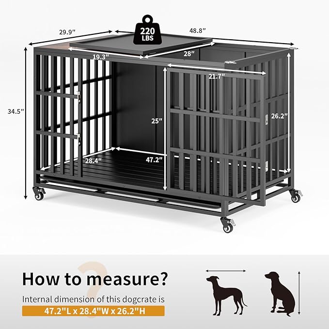 49" Heavy Duty Dog Crate Furniture, Wooden Dog Crates for Large and Medium Dogs, Dog Kennel Indoor with Removable Tray, Decorative Pet House End Table, Brown (49" L x 30" W x 35" H)