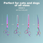 GLADOG 7 Inch Professional Dog Grooming Scissors Kit, Titanium Dog Scissors for Grooming, Heavy-Duty Dog Shears for Grooming, 6-in-1 Pet Grooming Scissors for Dogs (Pro Rainbow)