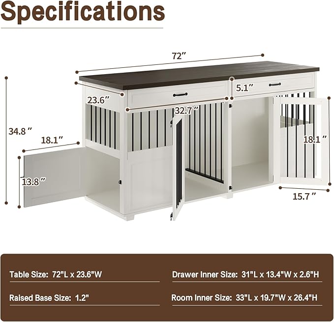 Dog Crate Furniture - Indoor Wood Dog Kennel Furniture 4 Doors with Divider and 2 Drawers - 72" L x 23.6" W x 34.8" H, White