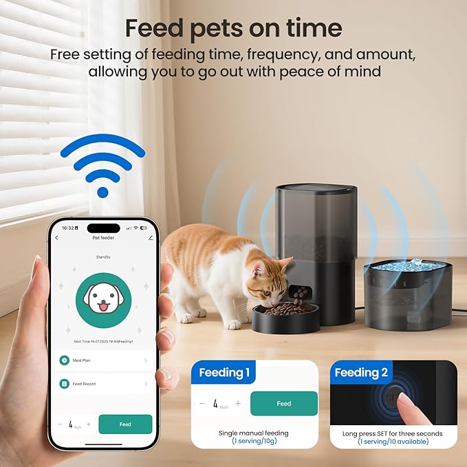 Automatic Cat Feeder and Water Fountain 5G WiFi Cat Food Dispensers, APP Remote Control, Programmable Timed Feeding,Dry Food Smart Feeder 10s Voice Recorder, 1-10 Meals/Day for Cats Small Dogs