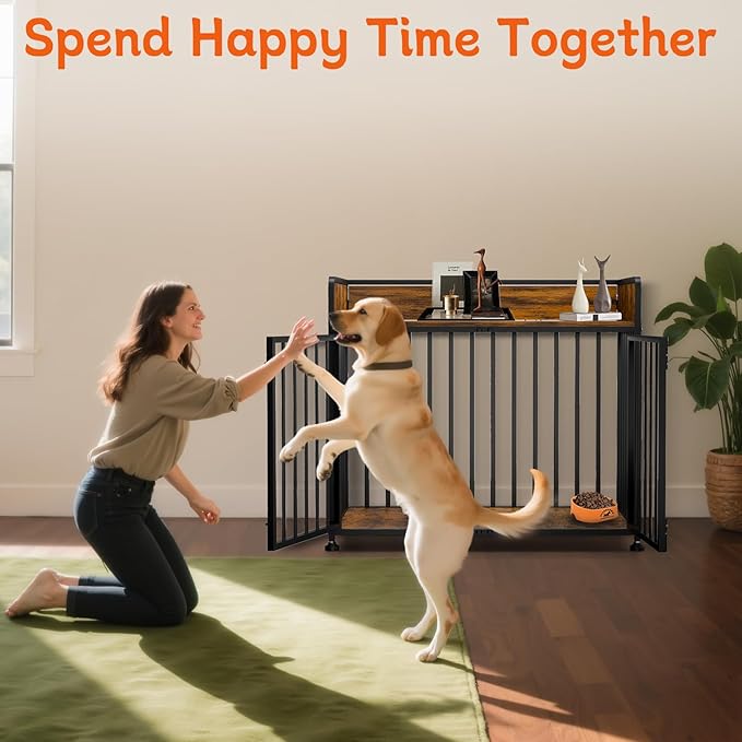 Large Dog Crate Furniture, Dog Kennel Indoor, Heavy Duty Dog Crate for Large Medium Dogs 42 Inch, Wooden Dog Cage Brown End Table with Table Guardrail