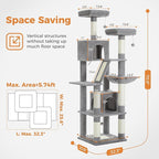 PAWZ Road 70 Inch Cat Tower, Tall Cat Tree with 2 Cozy Condos, 2 Plush Perch, Large Basket, 2 Scraching Pad & 6 Scraching Posts for Indoor Cats Large Adult, Gray