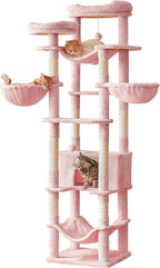 77-Inch Pink Cat Tree for Indoor Cats, Multi-Level Large Cat Tower with 4 Hammocks, 2 Padded Perches, Cat Condo, Sisal Scratching Posts and Hanging Toys for Large Adult Cat