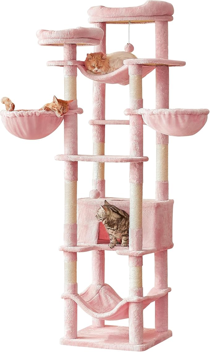 77-Inch Pink Cat Tree for Indoor Cats, Multi-Level Large Cat Tower with 4 Hammocks, 2 Padded Perches, Cat Condo, Sisal Scratching Posts and Hanging Toys for Large Adult Cat