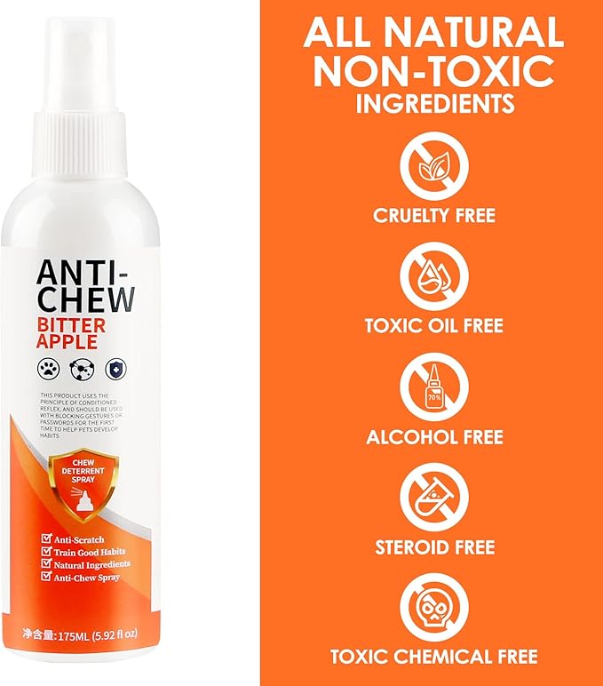 Bitter Apple Spray for Dogs to Stop Chewing, 175ML Effective Dog & Cat Deterrent Spray for Furniture, Plants, Floor, Safe No Chew Spray for Dogs to Easily Create Restricted Areas Orange