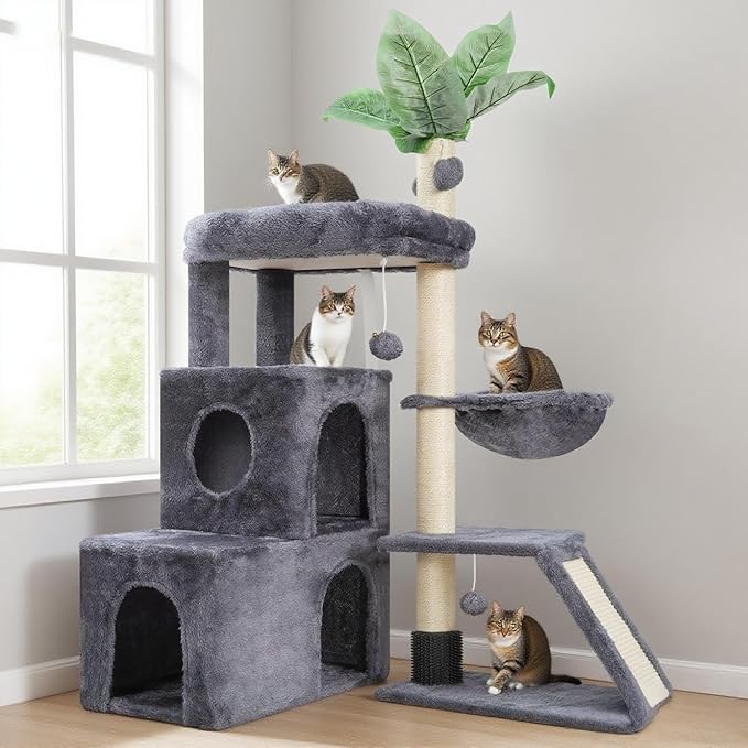 Cat Tree for Indoor Cats Large Adult, Heavy Duty Cat Tower for Big Cats, Cat Tree House with Self Groomer Brush, Big Padded Top Perch, Scratching Post, Hammock, Smoky Gray GCT012G