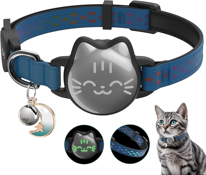 Waterproof Airtag Cat Collar, Breakaway Cat Airtag Collar with Luminous & Reflective Pattern Strap, Lightweight Kitten Collars for Apple Air tag, Hidden Holder for GPS Tracker - Cats, Kittens (9-13")