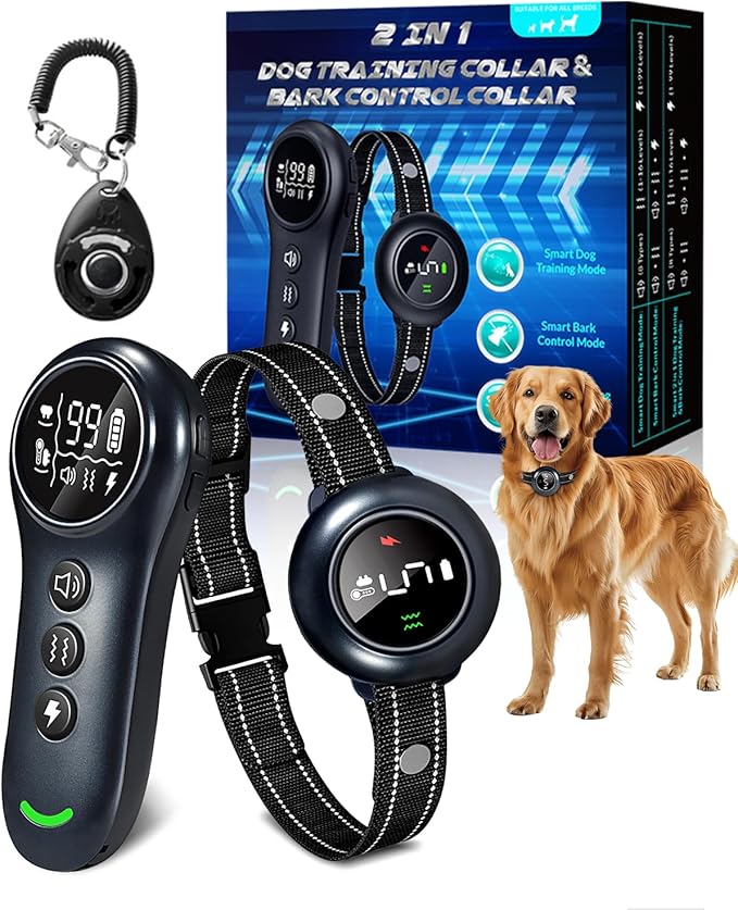 2 in 1 Bark Collar & Dog Shock Collar with Remote Control for Large & Medium Dog 10–150 lbs– 3300FT, IP67 Waterproof E-Collar for Dogs Training with 5 Sensitivity Levels & Security Lock