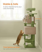 Feandrea Cat Tree, 61-Inch Cat Tower for Indoor Cats, Plush Multi-Level Cat Condo with 5 Scratching Posts, 2 Perches, 2 Caves, Hammock, 2 Pompoms, Grass Green and Camel Brown UPCT192C03
