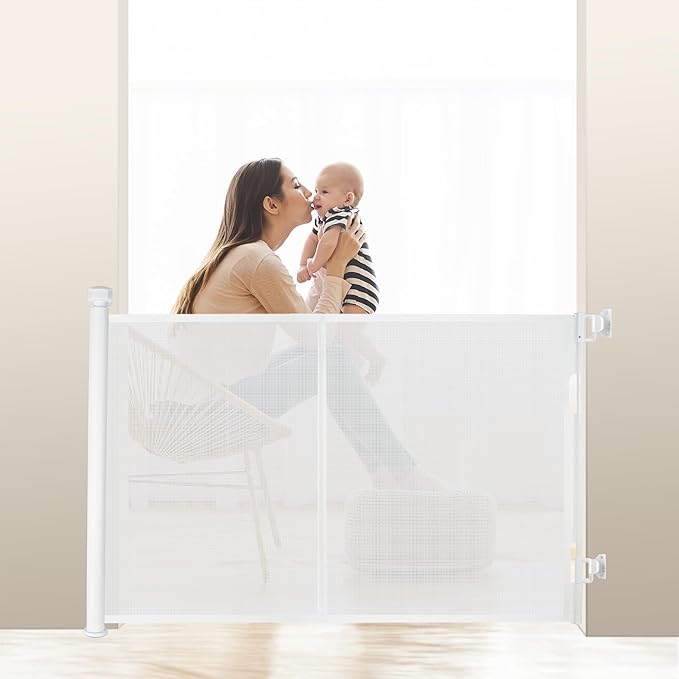 200″ Extra Wide Retractable Baby Gate – 41.5″ Tall Mesh Safety Gate for Oversized Openings, Living Rooms, Patios – Child & Pet Barrier for Indoor Outdoor Use, White