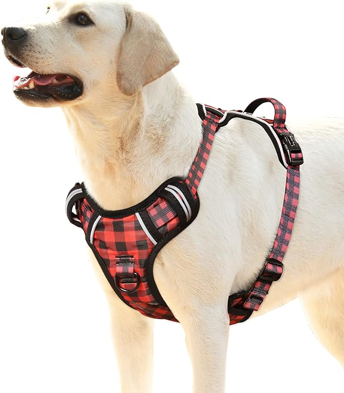 HEELE Dog Harness, No Pull Adjustable Padded Reflective Harness for Small Medium Large Dogs with Handle for Walking Training, Checkered-Red, XL