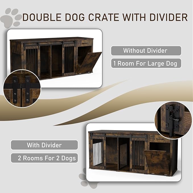 Large Dog Crate Furniture Large Breed,71 Inch Wooden Dog Crate with Tilt Out Trash Cabinet,Drawers,Divider and Sliding Barn Door, Double Doors Dogs Crate for 2 Dogs (Modern Walnut)
