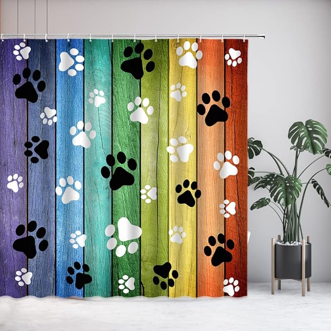 Dog Paws Shower Curtain Rustic Old Barn Wood Board Black White Cute Dogs Cat Pet Paw Abstract Animal Footprint Pattern Print Modern Bath Decor Curtains with Hooks 90Wx70H Inch