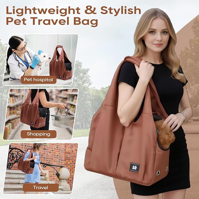 Dog Purse Carrier for Small Dogs, Cats, and Puppies – Soft-Sided Travel Pet Tote Bag with 4 Large Pockets, Foldable, Lightweight, Fits Pets up to 15 lbs, for Travel, Vet, Outings (Brown)