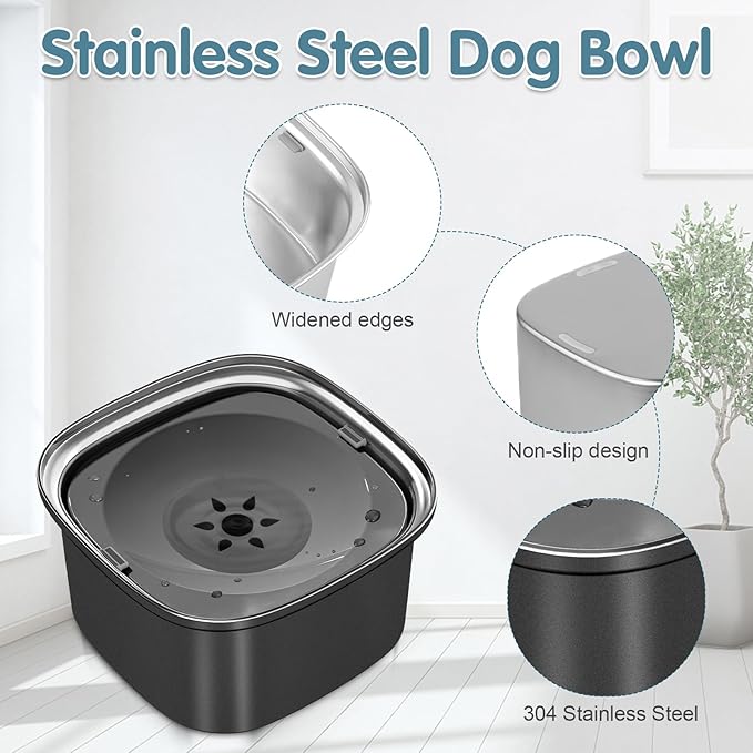 UPSKY 3L Dog Water Bowl 101oz Stainless Steel No Spill Large Capacity Dog Food Water Bowl Slow Water Feeder, Spill Proof Pet Water Dispenser Vehicle Carried Travel Water Bowls