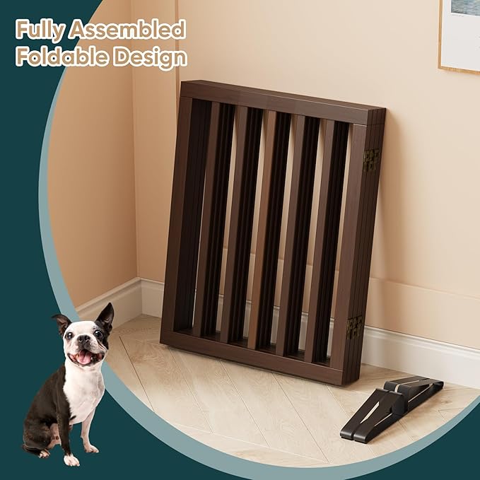 Freestanding Bamboo Wood Dog Gate Indoor, 4-Panel Pet Gates with 2 Stands and 360° Hinge for Doorways and Stairs, Puppy Gate for The House, Fully Assembled Safety Fence 74" W x 24" H - Black Walnut