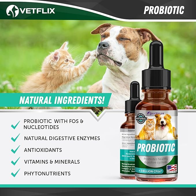 Premium Probiotics for Dogs & Cats - Digestive Enzymes & Prebiotics Supplement - Supports Digestive Health & Gut Balance - 2 Fl Oz