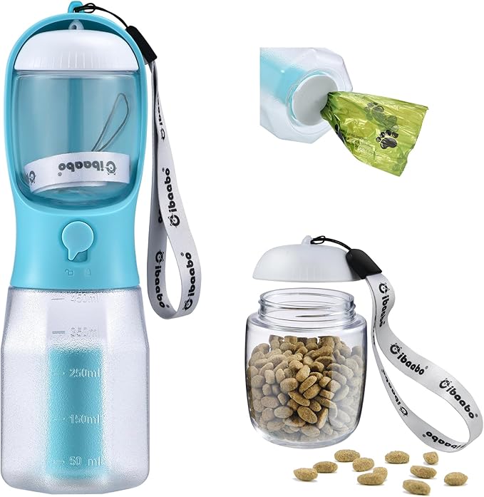 Dog Water Bottle with Food Container & Poop Bag Holder, Travel Water Bowl, Portable Pet Dispenser, Dog Stuff Accessories Items, Puppy Essentials Necessities for Yorkie Chihuahua Walking Hiking