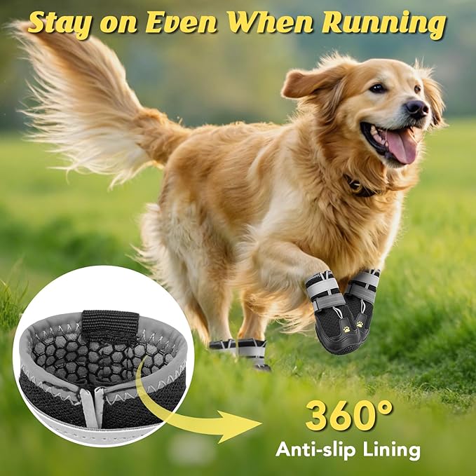 LUCKYPAW Dog Shoes for Large Medium Dogs, Breathable Dog Boots for Hot Pavement, Paw Protectors for Summer Walking Hiking Winter Snow Outdoor, Non Slip Reflective Booties for Hardwood Floor (Black, 7)