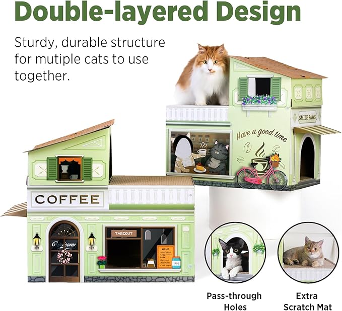 SMILE PAWS Cat Beds for Indoor Cats, Cardboard Cat House with Scratchers, Coffee Shop, Large Sturdy Cat Furniture Condo Cave Tent, Easy to Assemble Pet Toys Accessories Stuffs, Bunny Small Animals
