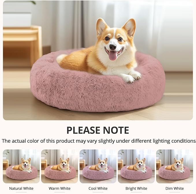 JOLLYVOGUE Calming Dog & Cat Bed for Small Dogs, Anti-Anxiety Donut Cuddler Cozy Soft Round Bed with Anti-Slip Bottom, Fluffy Faux Fur Plush Cushion Beds for Small Medium Dogs (27")