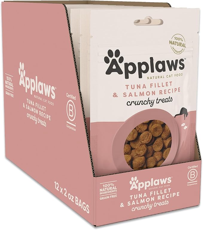 Applaws Natural Cat Treats, Grain-Free, High Protein, Limited Ingredients, No Artificial Additives, Healthy & Nutritious Snack for Cats, Crunchy Tuna Fillet & Salmon Treats (12 x 2.0oz Bags)