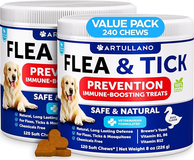 Flea and Tick Prevention for Dogs Chewables - Made in USA - Natural Flea and Tick Supplement for Dogs - 240 Immune Support Chews (2 Pack) - Vitamins B1, B6, B12 - All Breeds and Ages