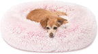 Friends Forever Donut Dog Bed Faux Fur Fluffy Calming Sofa For Small Dogs, Soft & Plush Anti Anxiety Pet Couch For Dogs, Machine Washable Coco Pet Bed with Non-Slip Bottom, 23"x23"x6" Pink