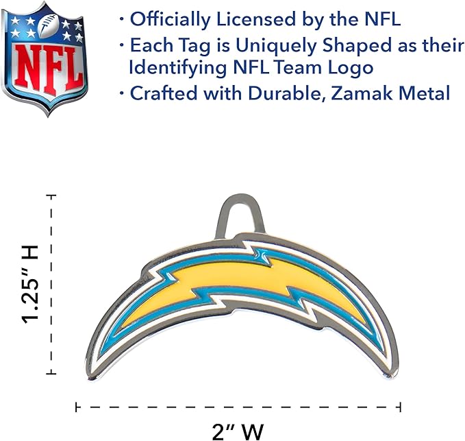 NFL Los Angeles Chargers Engraving Pet ID Tag in 32 Team Logo Shapes - Personalized Dog and Cat Tag With 3 Lines of Customizable Text for Tracking & Safety - Stainless Steel