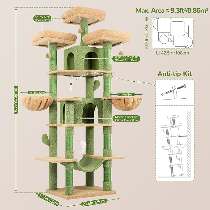 Globlazer Big Cactus Cat Tower for Indoor Cats, 80inch Cat Tower for Multiple Adult Cats XXL Cat Tree with Scratching Post, Hammock, 3 Perches, 2 Condos, 2 Hanging Basket, F80, Green