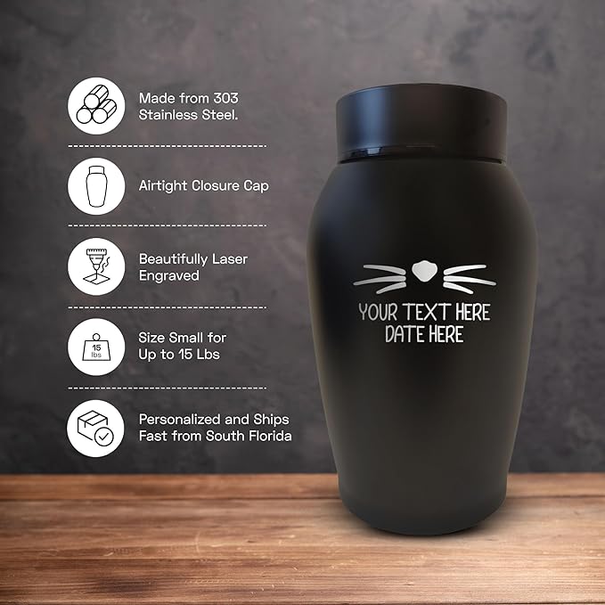 Personalized Custom Small Keepsake Urn Engraved with Pet Name, Date and Cat Design - 5.2" Black Powder Coated Steel Cremation Urn for Cat Ashes - Airtight Closure | 12-16 lb Capacity, Cat Whiskers