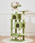 Taoqimiao Cat Tree, 61-Inch Cat Tower for Indoor Cats, Plush Multi-Level Cat Condo with 5 Scratching Posts, 2 Perches, 2 Caves, Hammock, 2 Pompoms, MS013SGR Green