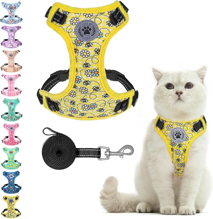 BEAUTYZOO Cat Harness, Escape Proof Cat Leash and Harness Set for Walking, Soft Breathable Vest Harness with Safety Neck Adjustable, Reflective Easy-Control Kitten Harness for Cats (Bee Design)
