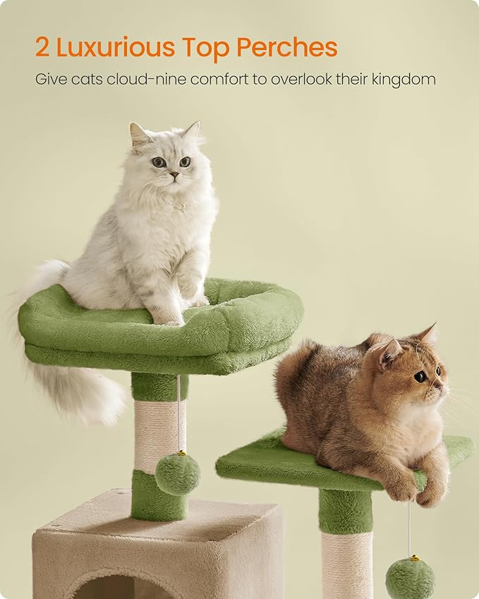 Feandrea Cat Tree, 61-Inch Cat Tower for Indoor Cats, Plush Multi-Level Cat Condo with 5 Scratching Posts, 2 Perches, 2 Caves, Hammock, 2 Pompoms, Grass Green and Camel Brown UPCT192C03