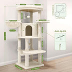 Globlazer Corner Cat Tree Tower with Scratching Post for Indoor Cats, 51in Plush Multi-Level Cat Tower with Large Hammock, Fan-Shaped Padded Perch, Spacious Cat Condo, Hanging Basket, C51, Light Beige