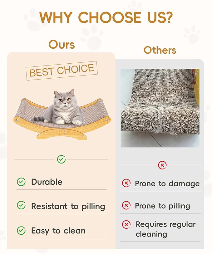 Cat Scratcher Bed for Indoor Cats - Natural Sisal Scratching Board with Sturdy Solid Wood Frame Scratch Pad, Cat Lounger/Hammock