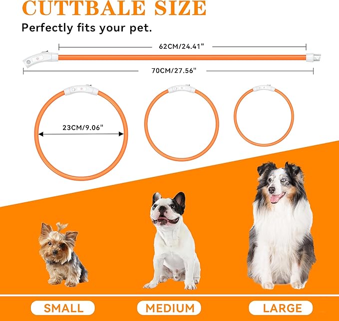 Light Up Led Dog Collar Rechargeable Waterproof, Glow in Dark Dog Collar, TPU Cuttable Lighted Dog Collars for Night Walking Charging USB, Safety for Small Medium Large Dogs Orange
