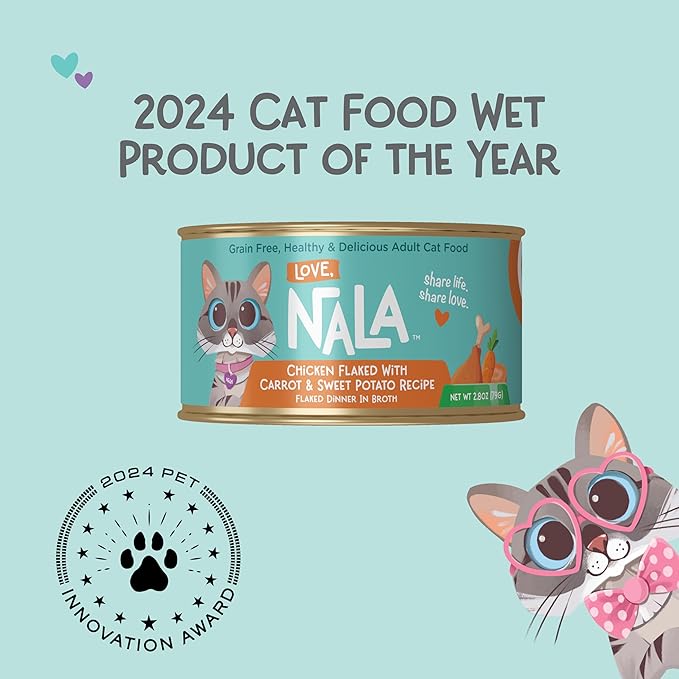 LOVE, NALA - Natural Adult Cat Wet Food - FLAKED Chicken with Carrot & Sweet Potato in Broth - Grain Free, Non-GMO, Lean Protein, Digestive Fiber Blend, Added Minerals & Vitamins - 12 Pack, 2.4 lbs.