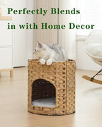 Cat House for Indoor Cat, Small Cat Houses Handwoven PE Rattan Kitten Cave, Pet Kitten Bed Covered, One Bed Pad, 13 x 13 x 13.7 Inches, Foldable Hideaway in Living Room Natural