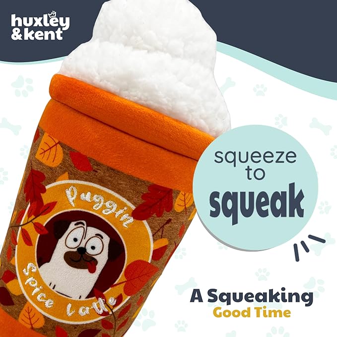 Huxley & Kent Funny Dog Toy w/Squeaker – Fall Power Plush Squeaky Dog Toys for Small, Medium & Large Dogs – Soft Stuffed Animal for Indoor Play & Fetch - Puggin Spice Latte, Large