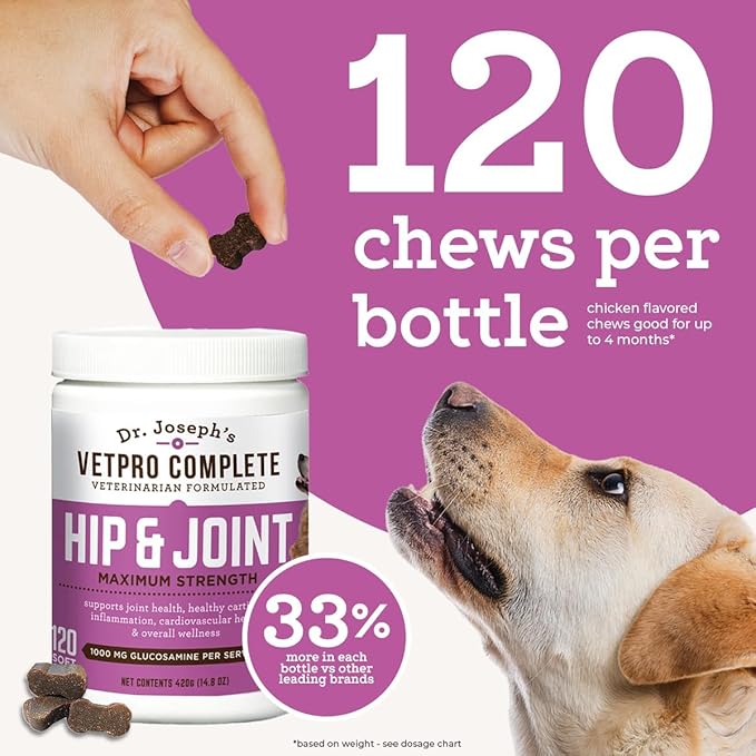 Dr. Joseph's VetPro Complete Dog Hip and Joint Supplement, 120 Count, Chicken Flavored Pain and Inflammation Relief Chews with Glucosamine, Chondroitin, MSM, Turmeric, Vitamin C, Omega 3