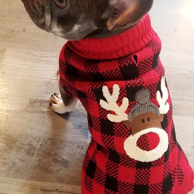 KYEESE Dog Christmas Sweater Reindeer with Leash Hole Christmas Dogs Sweater Red Buffalo Check Pet Sweater Dog Christmas Outfit,XL