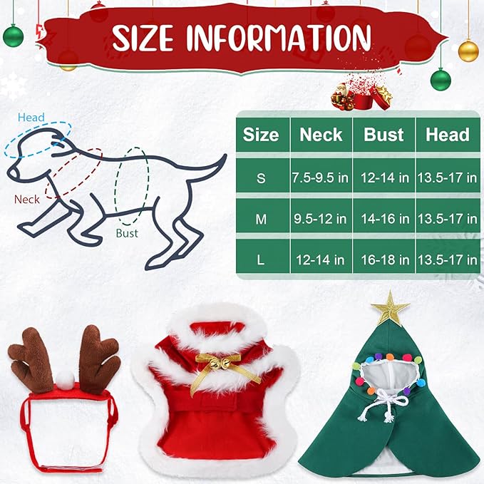 3 Pieces Christmas Pet Costumes Outfit Set Includes Puppy Cat Cloak with Star and Pompoms Kitten Dog Antlers Headband Pet Reindeer Headwear Cat Santa Cape with Bell Pet Costume Accessories (Medium)